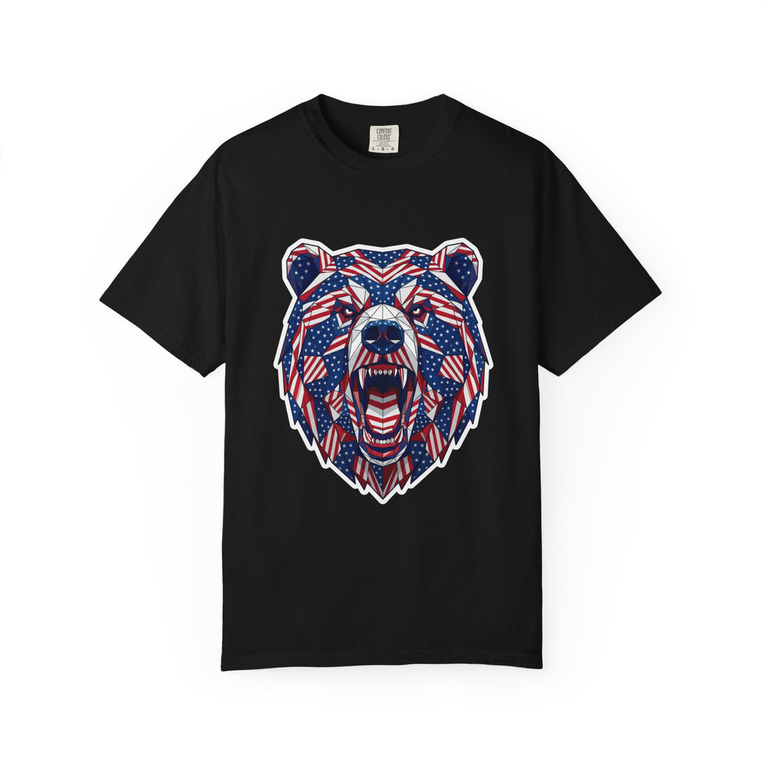 Black t-shirt with skull graphic and text on a white background